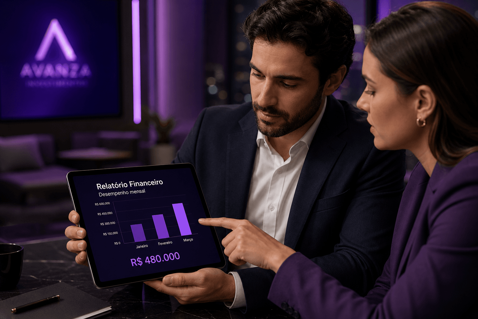 Duas pessoas analisando informações financeiras do Banco Luri em tablet