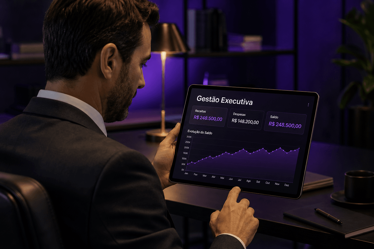 Cliente acompanhando gestão financeira do Banco Luri em tablet